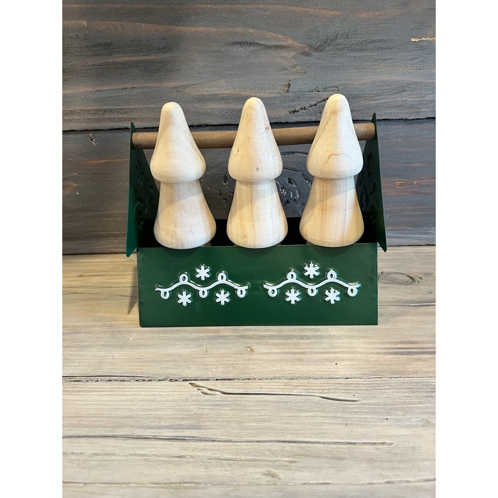 Wooden Christmas Tree Figurines In Green Metal Basket Farmhouse Holiday Decor